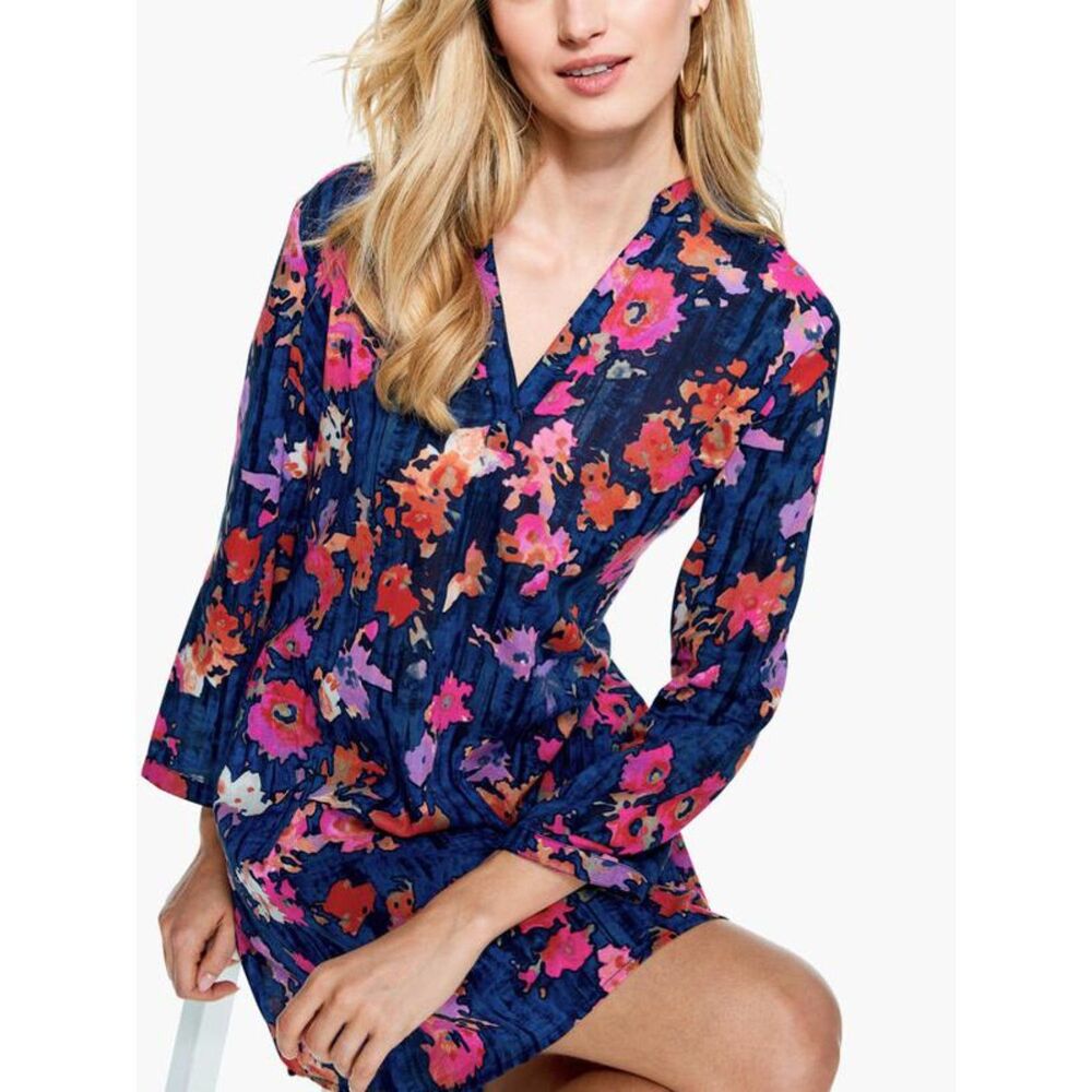 Nic+Zoe "Glowing Blossoms" 100% Cotton Crinkle Splitneck Tunic Mini Dress Sz M